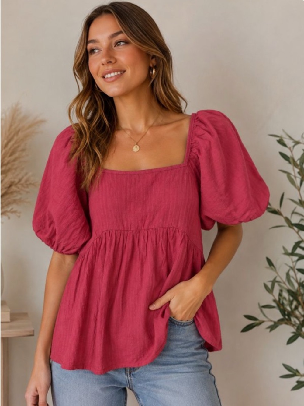 BP Nordstrom Boho Women’s Puff-Sleeve Square-Neck Top in Rose Pink